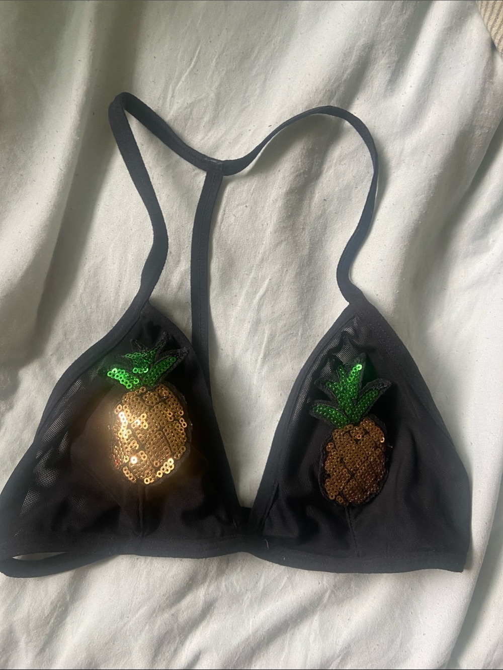 Forever 21 Black Triangle Bralette with Gold & Green Pineapple Sequins